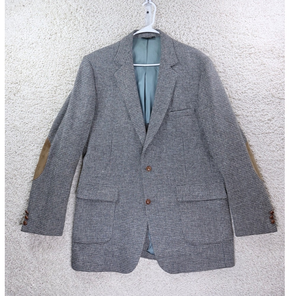 Vintage Wool Blazer Mens 44XL Grey Elbow Patches Weaved Buttons Made in USA Coat